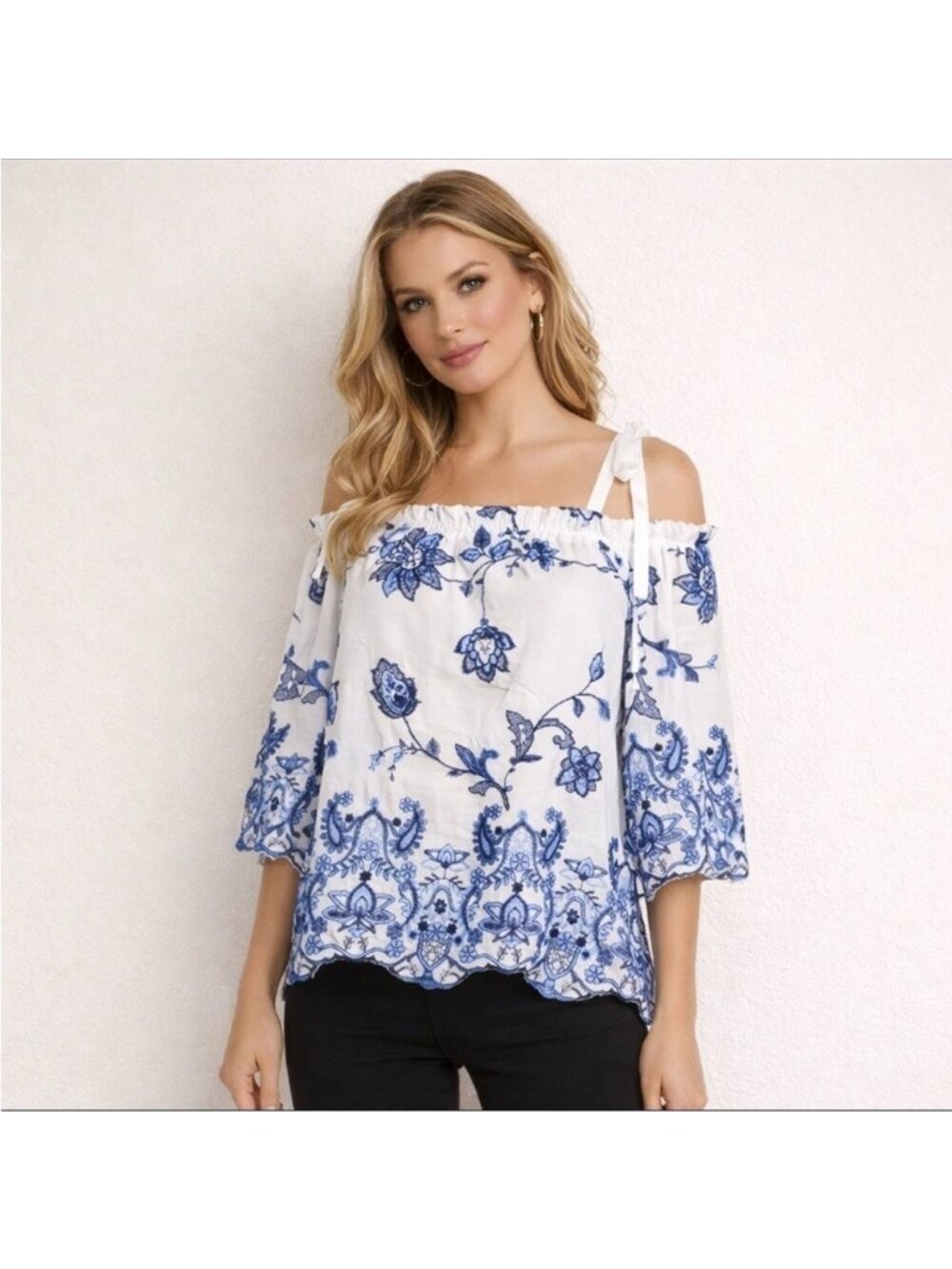 EUC $278 Parker Jillian EMBROIDERED Off the shoulder Scalloped blouse Top Size S